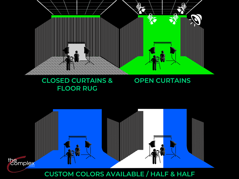 Complex Studios Wall cyc options: closed curtains, open curtains, custom wall colors, half and half cyc